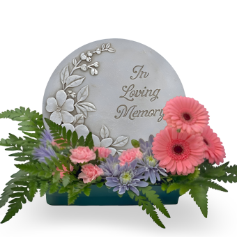 Send this Meaningful Memorial Stepping Stone, a round resin stone with dimensional flowers and an engraved phrase that is presented tastefully with a premium quality fresh flower arrangement. Send this to a loved one as a lasting and comforting gift- a lasting tribute they will cherish for years to come. Engraved Phrase on Stone: "In Loving Memory." Best Florist Delivering to LaPorte, Indiana Daily.