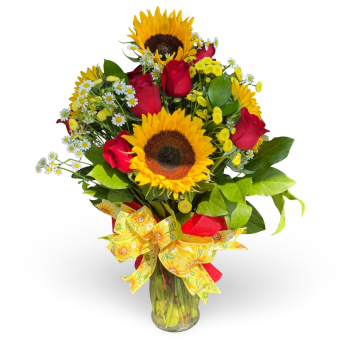Our Sunflowers and Roses Bouquet is a Very Popular, Extravagant, and Meaningful Gesture of the Freshest, Vibrant Blooms to Send to a Loved one- 7 Days a Week. The combination of Large, Vibrant Sunflowers mixed with Luscious, Red Roses holds a special meaning of Joy and Love. LaPorte Florist Same Day Delivery.