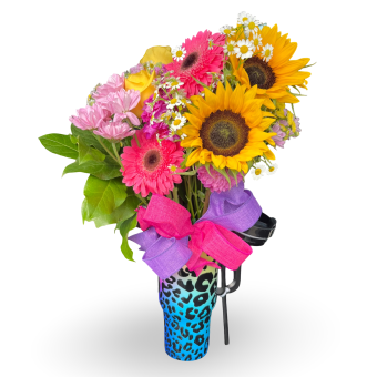 40 oz Tumbler Bouquet | Ombre Rainbow Leopard Print 40 oz Stanley Dupe Tumbler Cup filled with a vibrant, fresh flower bouquet- Giving the best Lisa Frank vibes! This is a perfect gift to send for any occasion. From Birthday Bouquets, Get Well Soon, and Teacher Gifts to Congratulations Gifts- this Stanley Tumbler Cup Dupe is an affordable and personalized gift to send! LaPorte, IN Flower Delivery Daily.