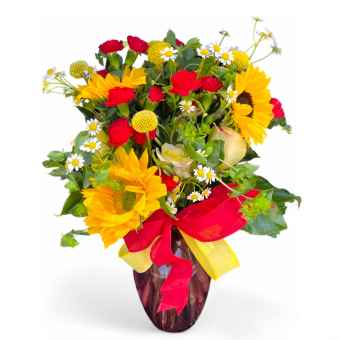 Sunny Daze Bouquet: A gorgeous fresh flower arrangement perfect for Mother's Day or Birthday Flowers, arranged with an assortment of sunflowers, roses, carnations, and accents of fresh greenery and yellow billy balls. Perfect for any Occasion, this Summer Bouquet will brighten anyone's day, leaving them in gazing in awe. Order Same Day Local Delivery to LaPorte, IN.