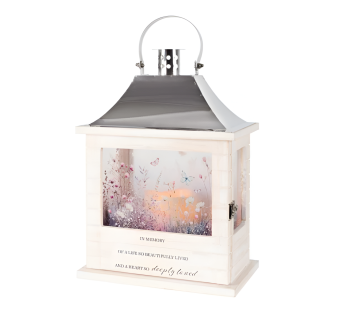wooden slat lantern - deeply loved. white wooden slat lantern, with metal top, and beautiful floral and dragonfly motif with sentimental phrase. arranged with fresh, premium flowers. perfect gift for sending your condolences to a loved one in laporte county, indiana 7 days a week.