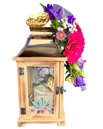 in our hearts memorial lantern - beautifully displayed with fresh premium flowers for sympathy gift. delivery to local funeral homes, visitations, and homes in laporte county, in.