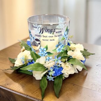 Wings Were Ready Hurricane Candle | Excellent Sympathy Gift with Fresh Flowers to send to Visitation, Celebration of Life, or a Loved One's Home. Perfect Gift of Remembrance of a Lost Loved One. Fast, Same Day Delivery 7 Days a week to LaPorte County, Indiana